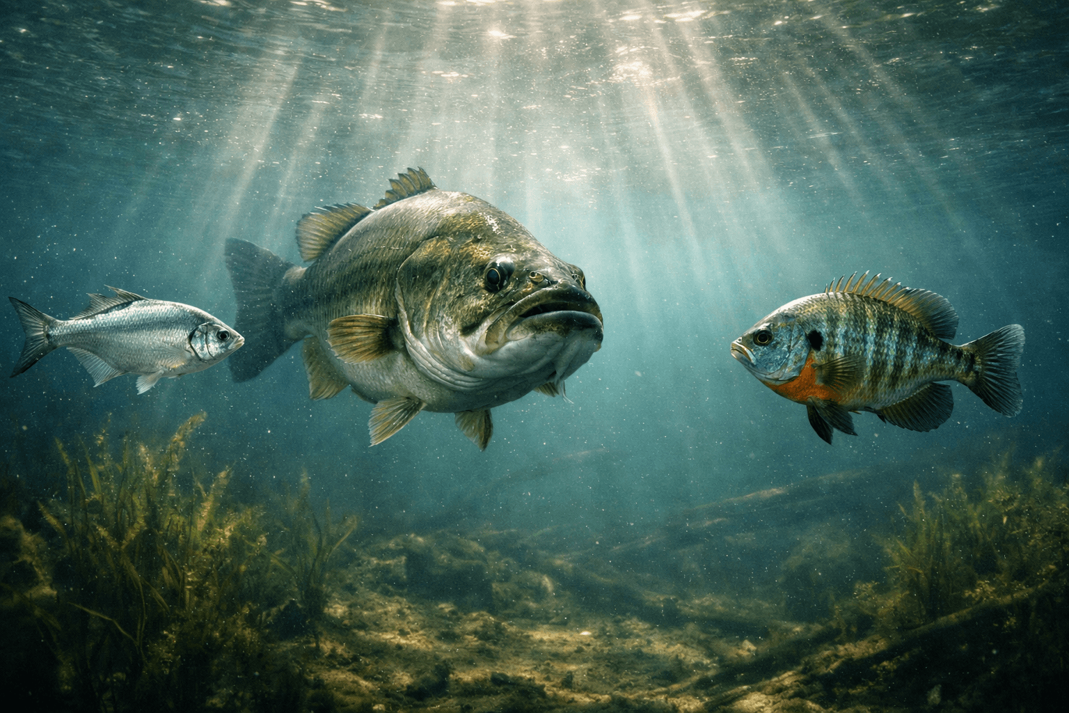 Largemouth bass in a sunbeam dance